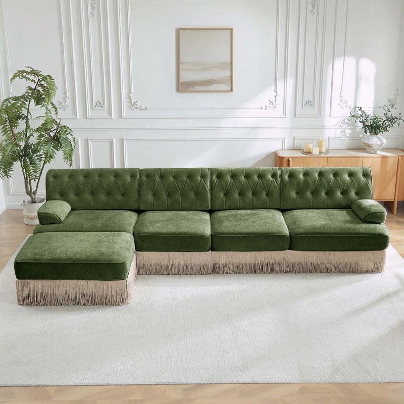 Canapé Chesterfield 135 en L en velours avec jupe à pampilles, Green