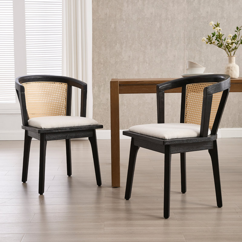 Rustic Dining Chair With Wicker Back And Wide Seat For Dining Room, Parlour, Cream Boucle, Black