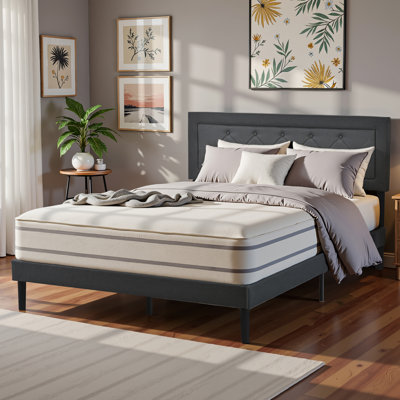 Queen Size Bed Frame with Framed style Upholstered Button Tufted Headboard, Easy Assembly, No Box Spring Needed, Dark Gray