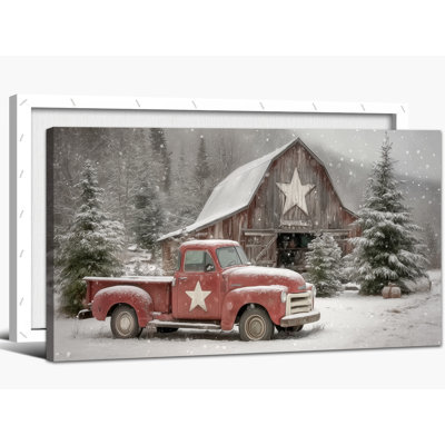 Winter Scene Wall Art - Christmas Pictures Wall Decor, Vintage Red Truck Winter Landscape Canvas Wall Art for Living Room, Christmas Painting Frame Wrapped Canvas Prints, 12×24 inches