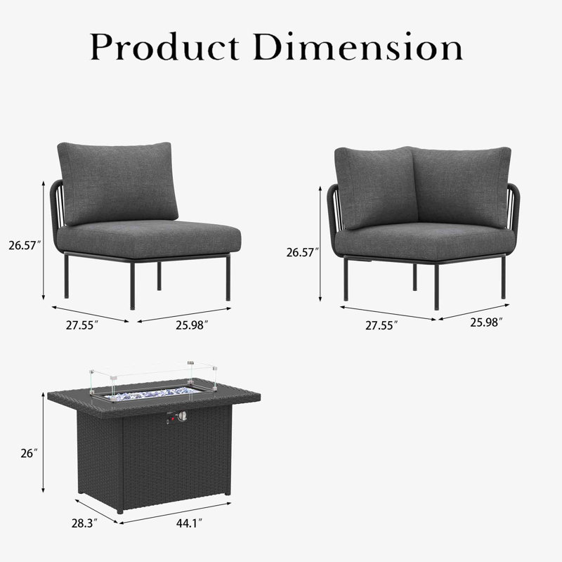 Ebern Designs 5 Pieces Aluminum Patio Furniture Set, Modern Modular Sectional Sofa with Fire Pit Table and Upgrade Thickness Cushion