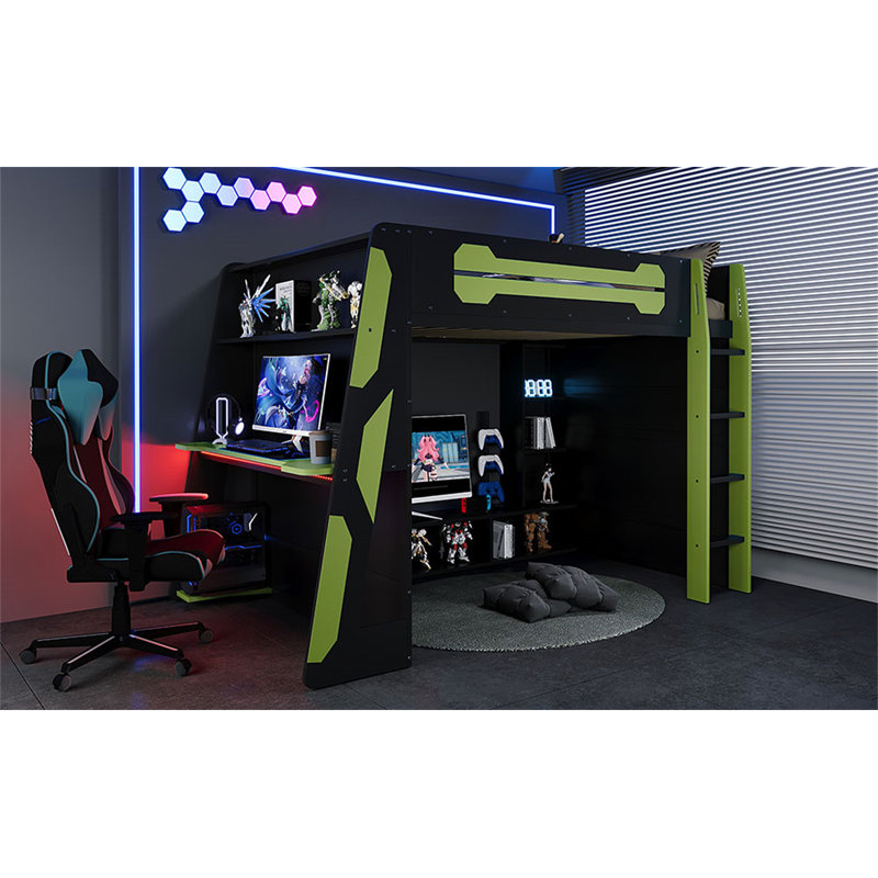 Lit mezzanine en bois avec bureau, Lit double, Vert