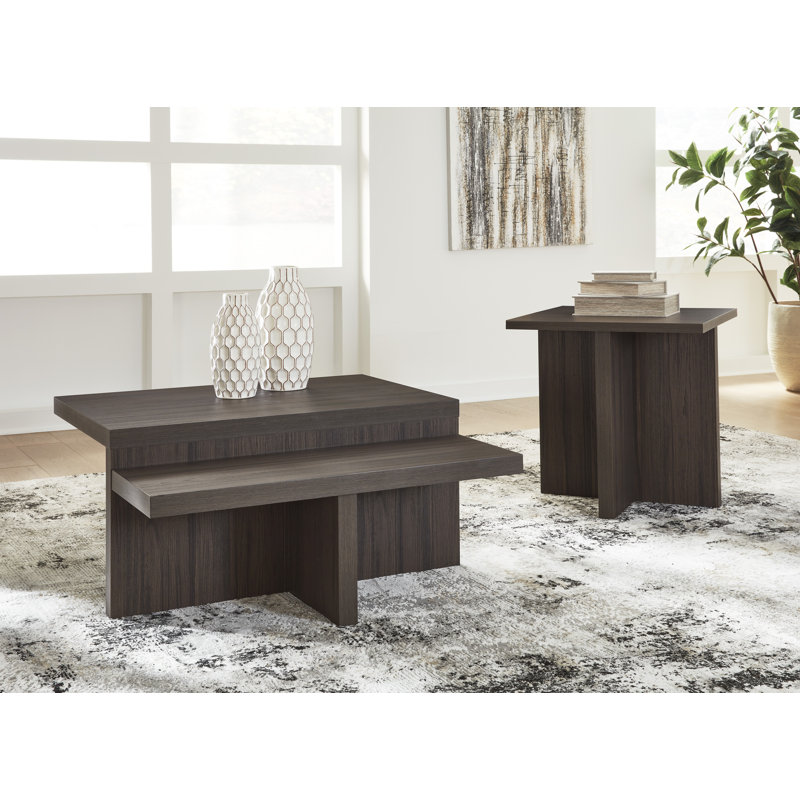Ensemble de table basse et de table d'appoint 2 pièces Zeny, base géométrique, brun foncé