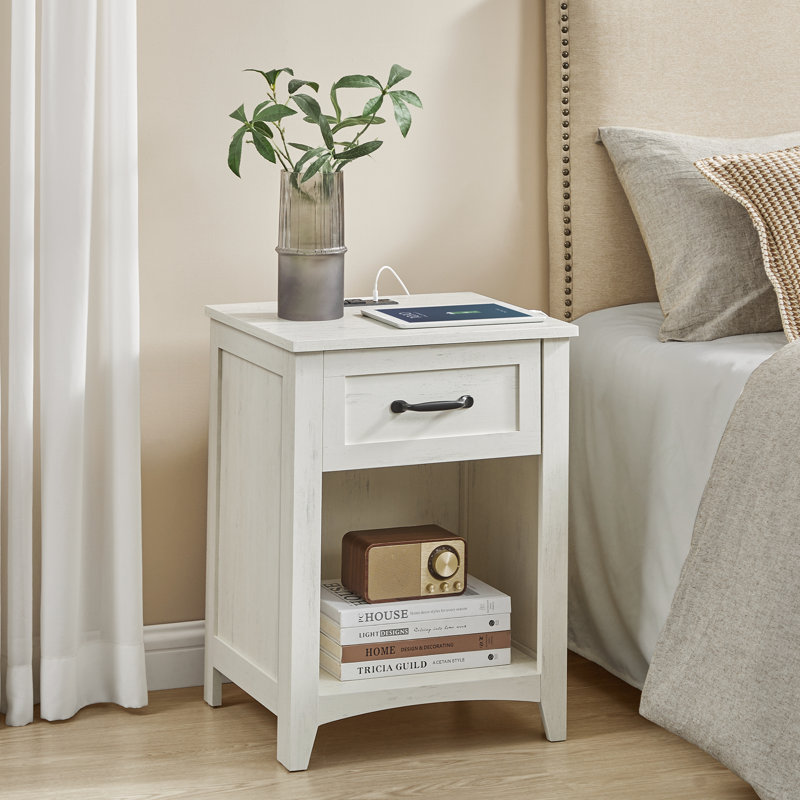 Allenside 18'' W Nightstand with Charging Station, Rustic White, Individual