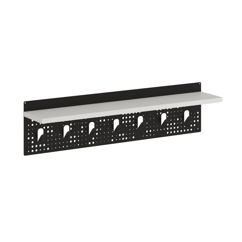 Popy Wall Mounted Floating Shelf with 7 Coat Hanger Hooks, Black/White