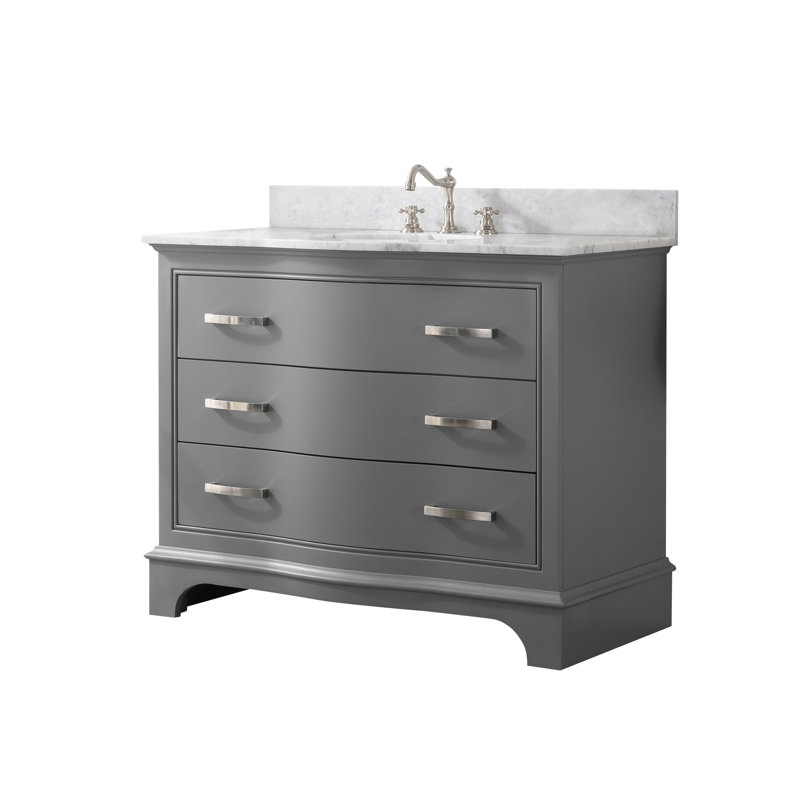 Meuble-lavabo simple en bois massif et manufacturé avec plateau en marbre Goleta, Gris / nickel brossé