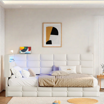 Upholstered Daybed With 2 Drawers, Charging Station, Led Lights, Storage Headboard And Checkered Button Decoration