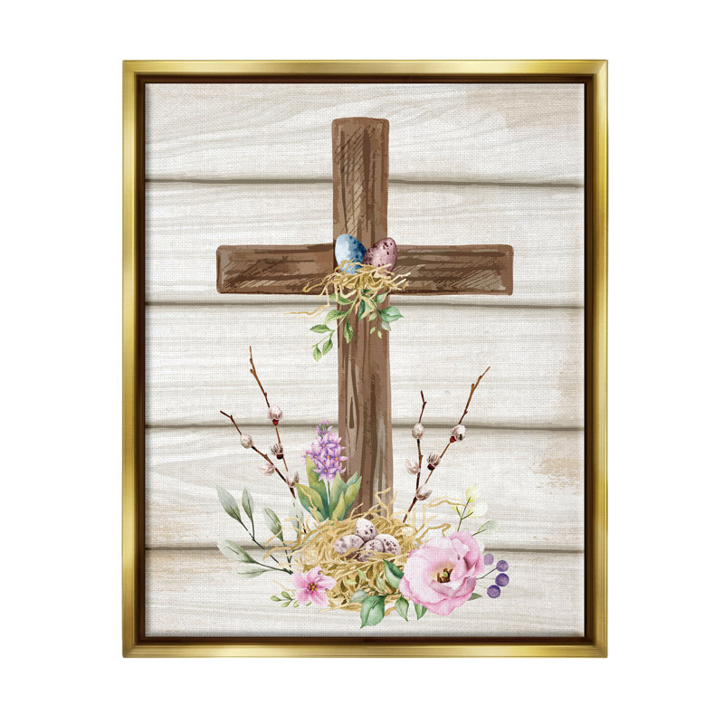 Spirituelle, croix de printemps, fleurs printanières, H 31 po x l 25 po x P 1,7 po, Cadre flottant métallique doré