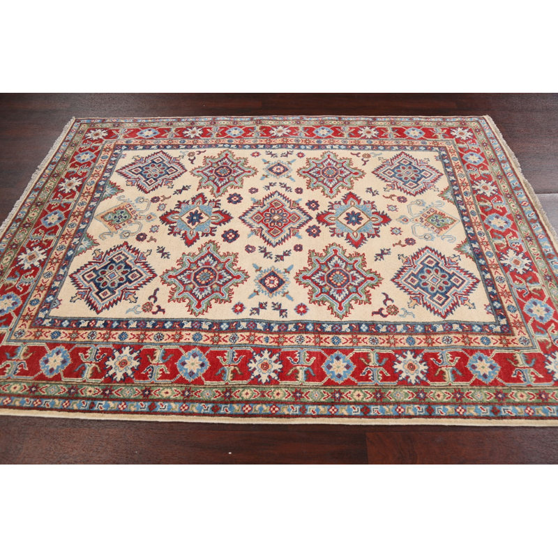 Tapis unique en laine noué à la main ivoire / rouge / bleu nouvel âge 5 pi x 6 pi 8 po