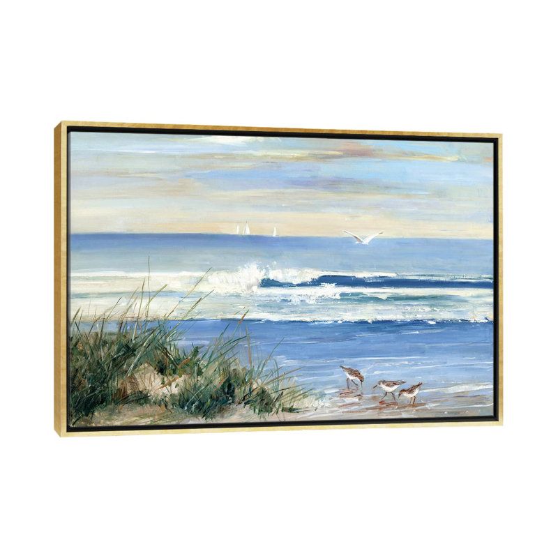 «Beach Combers» par Sally Swatland - reproduction d'art, Toile avec cadre flottant, H 26 po x l 40 po, Doré