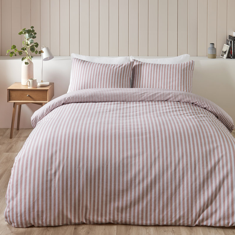 Brushed Stripe Cotton Reversible Duvet Cover Set, Blush Pink, Super King Duvet Cover +2 Standard Pillowcases