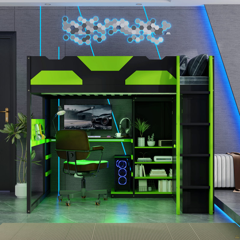 Lit mezzanine double en bois pleine grandeur avec bureau, tablettes multiples, charge USB et lumière RVB pour une vie moderne