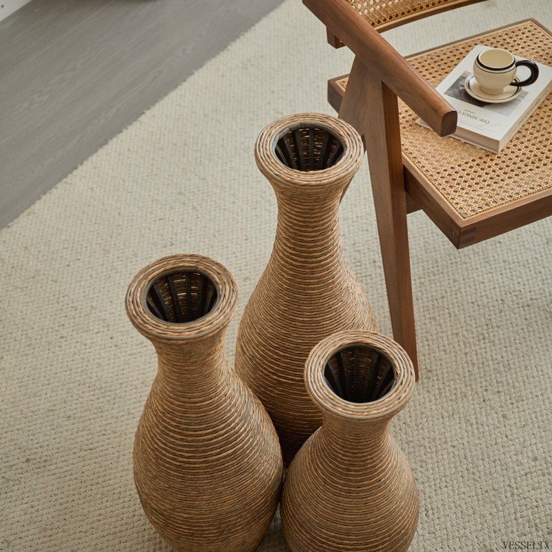 Ensemble de 3 vases de sol élégants en rotin artificiel beige pour salon et entrée