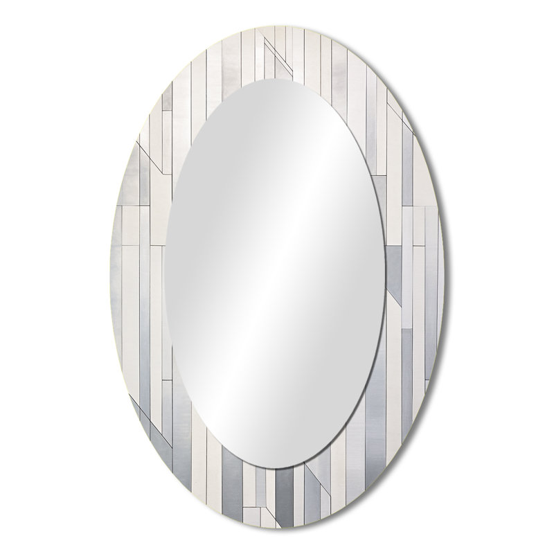 Grey White Platinum Parallels - Abstract Oval Decorative Mirror On Metal, 36" x 24"