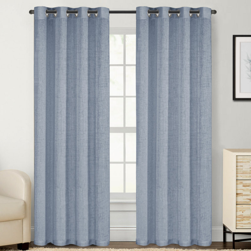 2 panneaux de rideaux en lin de couleur unie avec œillets Lyla, Bleu pierre, L 52 po x L 108 po