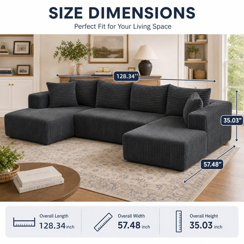 Canapé modulaire à compression en U de 128,34 po en velours côtelé modulaire, siège surdimensionné à siège profond sans os, aucun assemblage requis, canapé moelleux et compressé dans une boîte pour le salon, la chambre à coucher et un appartement