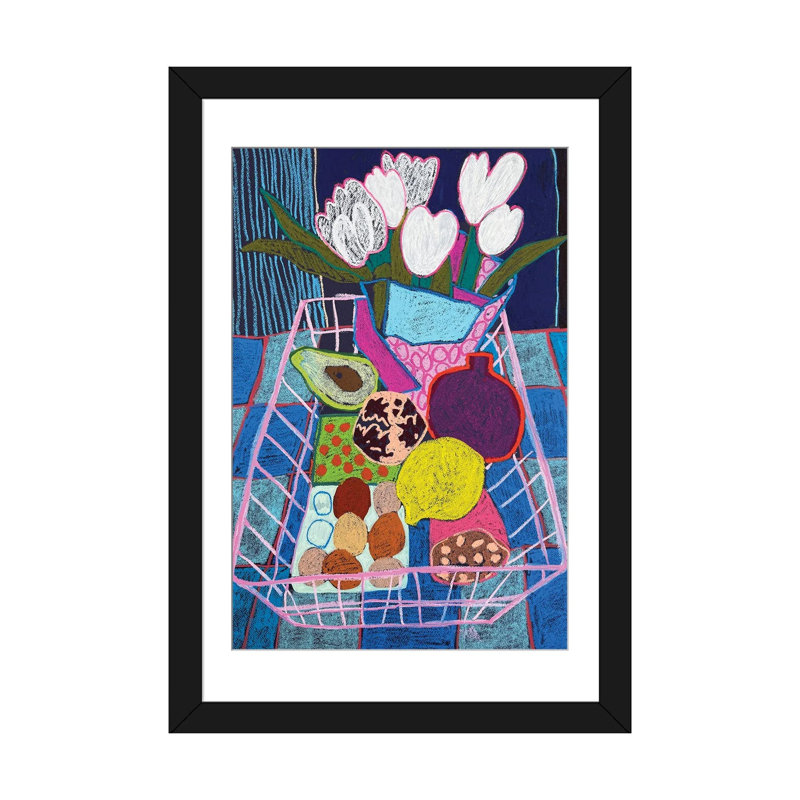 «Pink Basket Still Life», reproduction d'art murale - papier d'art encadré, 32 po x 24 po, Framed Paper, Black