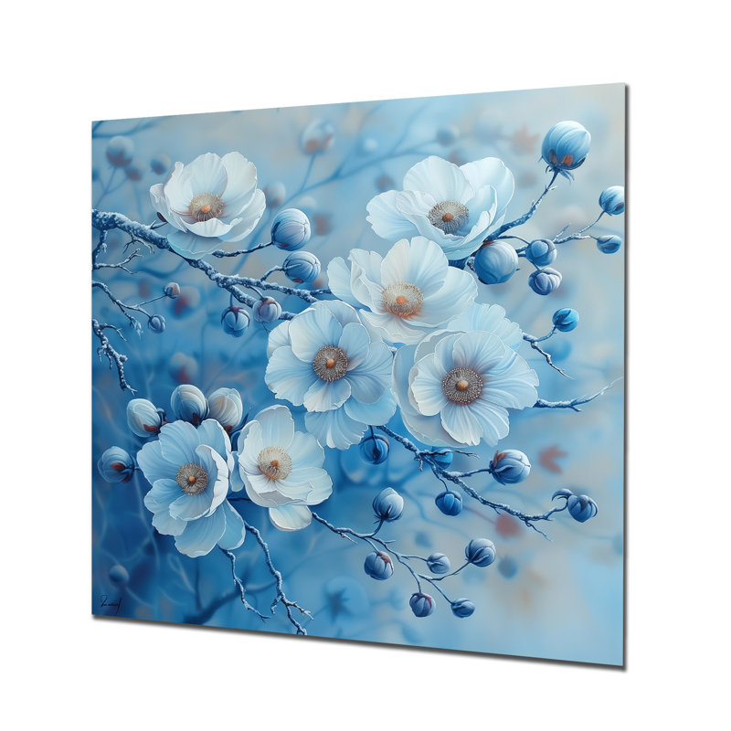 Bleu blanc, coquelicots, hiver, beauté I - coquelicots, art mural, salon, Métal métal, H 16 po x l 16 po x P 1 po