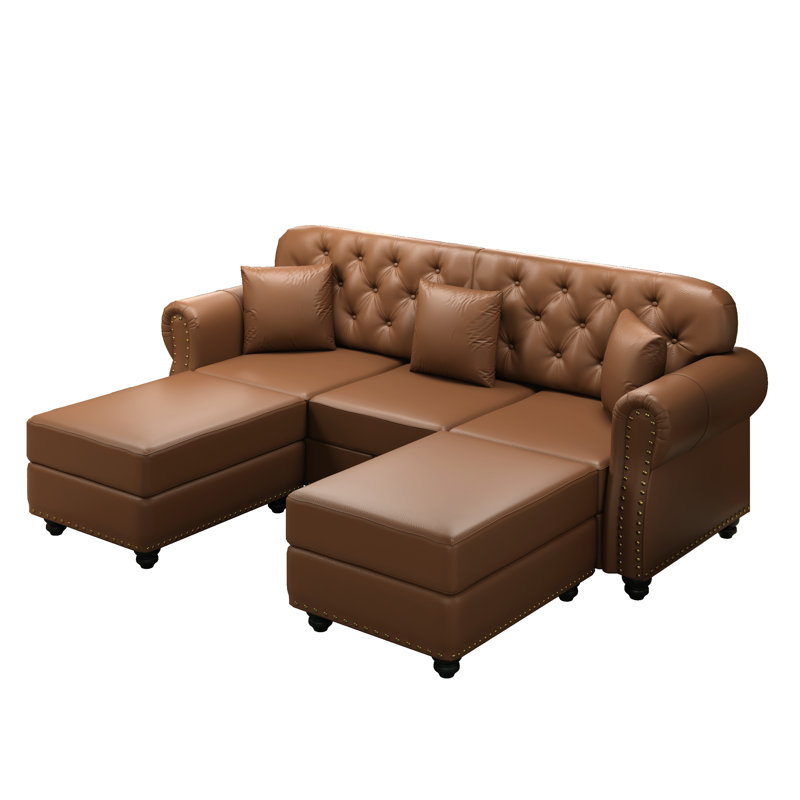 Canapé Chesterfield avec capitonnage à boutons Mid-Century 82,6 po avec garniture cloutée et 2 repose-pieds, Brun