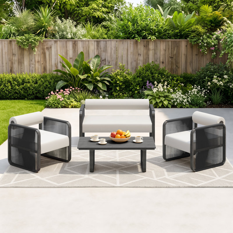 Ensemble de conversation d'extérieur en aluminium et osier pour 4 personnes avec coussins Sunbrella, Noir