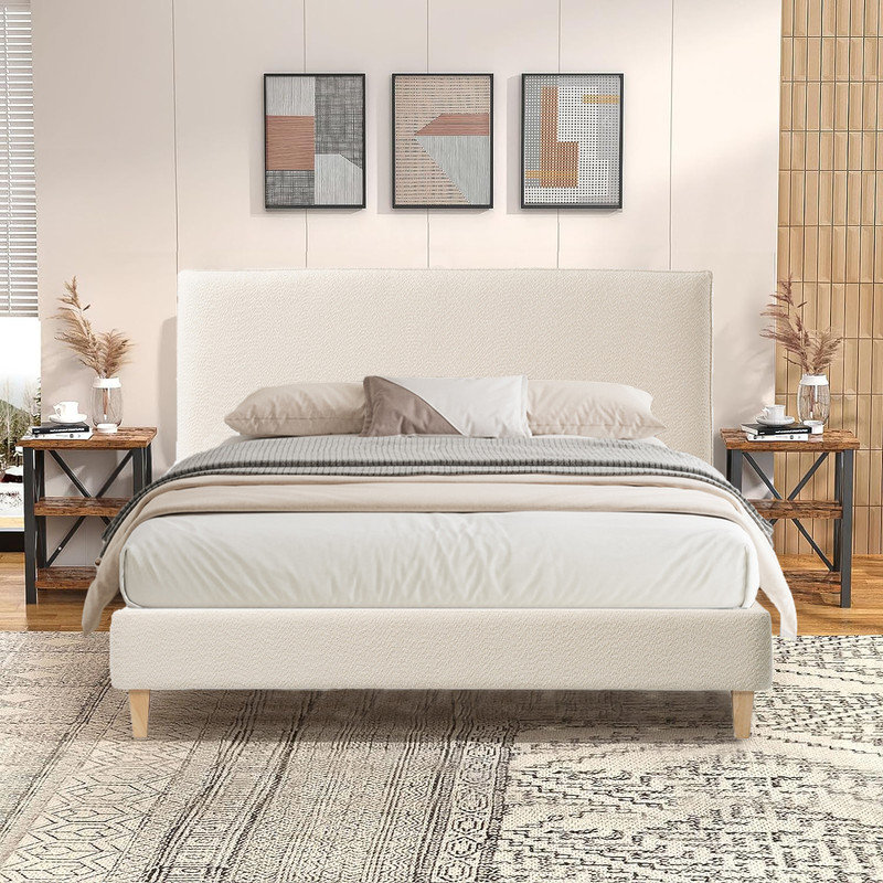 Grand lit plateforme tapissier Krystyne, Blanc crème
