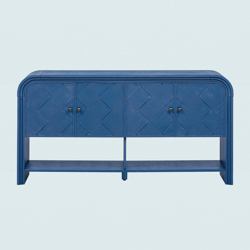 Versatile Console Table With Woven Wood Slats And Solid Wood Veneer, Suitable, Navy Blue/Gold