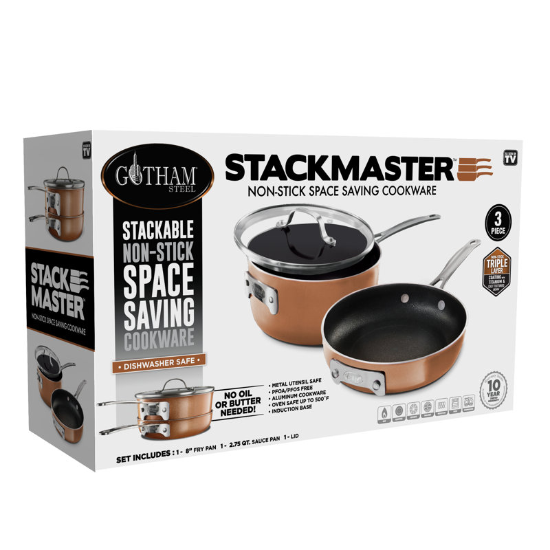 Gotham Steel Stackable Space Saving 3 Piece 8'' Copper Nonstick Cookware Set