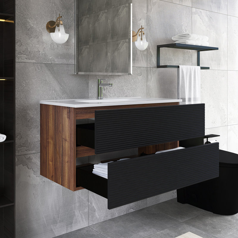 36 po W Meuble-lavabo mural simple avec lavabo, Brun / Noir