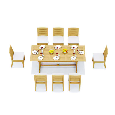 Seats 9 Pcs Grade-A Teak Wood Dining Set: 94" Double Extension Trestle Leg Table And Carleton Arm Chairs #11AT2108