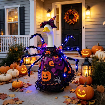 Costume d'oie lumineux d'Halloween pour statue de 58 cm, costume de sorcière et d'araignée avec décorations lumineuses pour jardin.