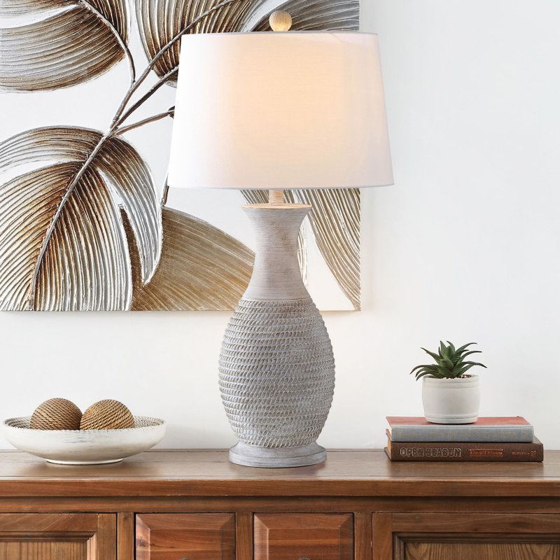 Gray and White Coastal Resin Table Lamp Set with Empire Shade