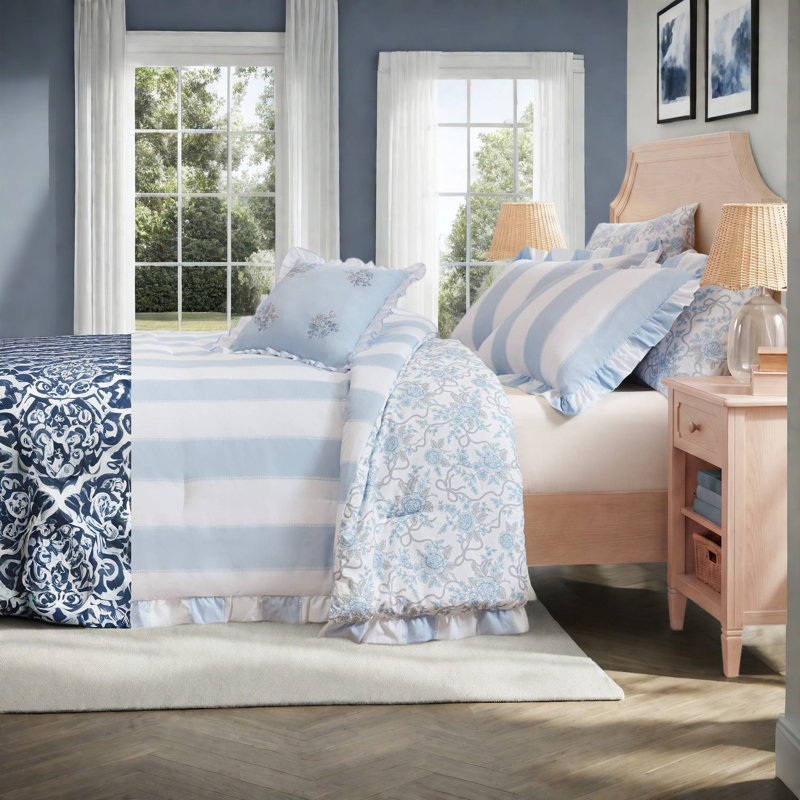 Ensemble de literie bleu pour lit double et queen, couette à volants en microfibre, chambre à coucher à motif floral en toile