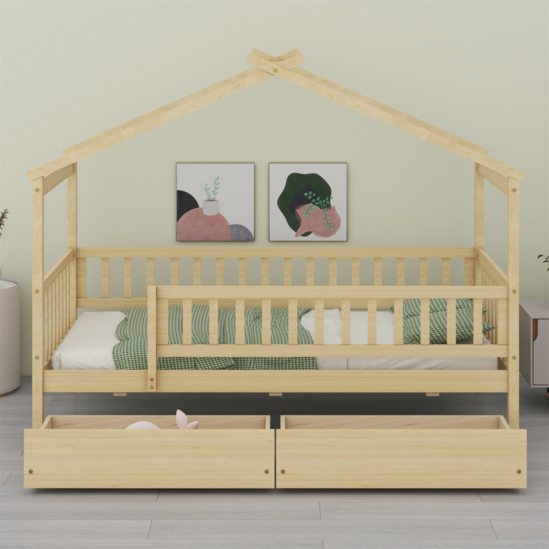 Lit en bois avec deux tiroirs, Naturel