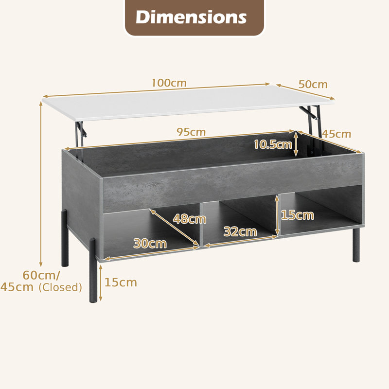 Lift Top Coffee Table with Storage, Grey Top/White Base