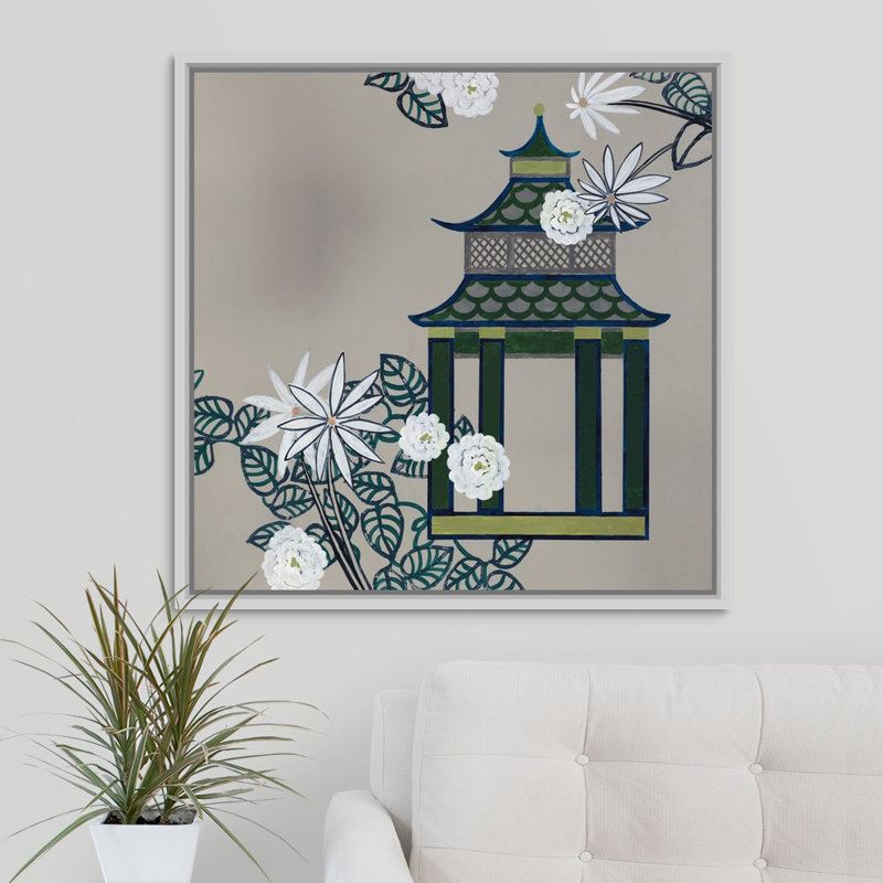« pagode i », peinture sur toile, Cadre flottant blanc, H 31,7 po x l 31,7 po x p 1,75 po