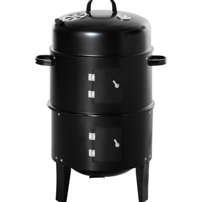 Vertical Charcoal Barbecue Smoker - 31 16" Grill With 2 Cooking Zones And Thermometer For Outdoor Camping, Picnic, Backyard Grilling, Jet Black Bbq Round Two Areas, Metal Frame Outdoor,