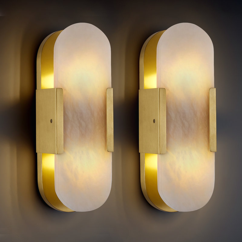 Ephraim 13.8" Dimmable Wall Sconces With Alabaster Shade (Set of 2), Brass