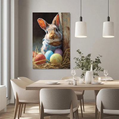 2D Flat, 1Pc Framed Canvas Wall Art, Easter Bunny, Colored Eggs and Hay, Realistic Oil Painting Style Art Print Canvas Poster Painting Room Wall Decor, Ideal Gift For Bedroom Living Room Hallway Dorm, Ready To Hang