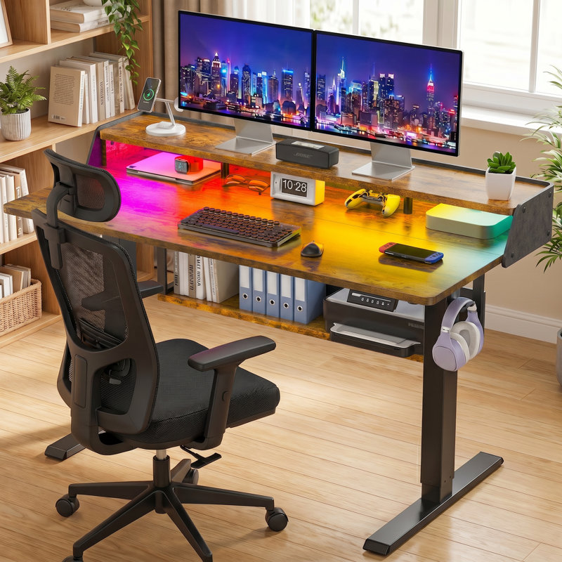 Electric height adjustable desk, adjustable stand desk, monitor stand with bookshelf, standing gaming desk with LED light strip，Suitable for home and office