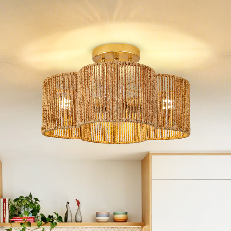 Plafonnier semi-encastré en corde tissé à la main 4 lumières