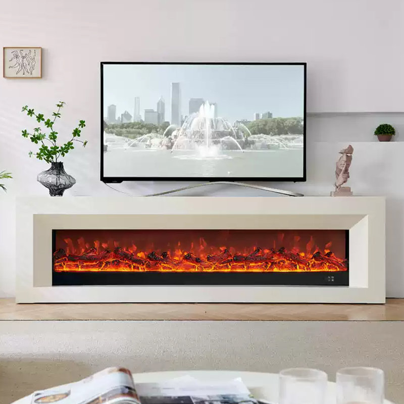 Foyer en bois massif avec meuble télé, Beige, H 27,56 po x l 94,49 po x P 12,99 po
