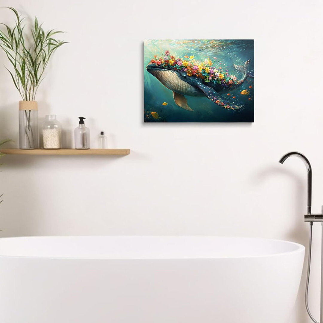 Ocean Whale Flower Nautical Bathroom Decor Framed Floral Marine Biology Fish Canvas Wall Art Beach Prints Beachy Poster Coastal Animal Painting Decora
