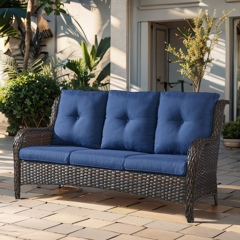 Tonry 75" Wide Outdoor Patio Sofa with Cushions, Brown, Blue