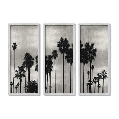 «Tropical Palm Trees Silhouette Vintage Style monochrome» par Kate Bennett - ensemble de 3 impressions sur toile flottante