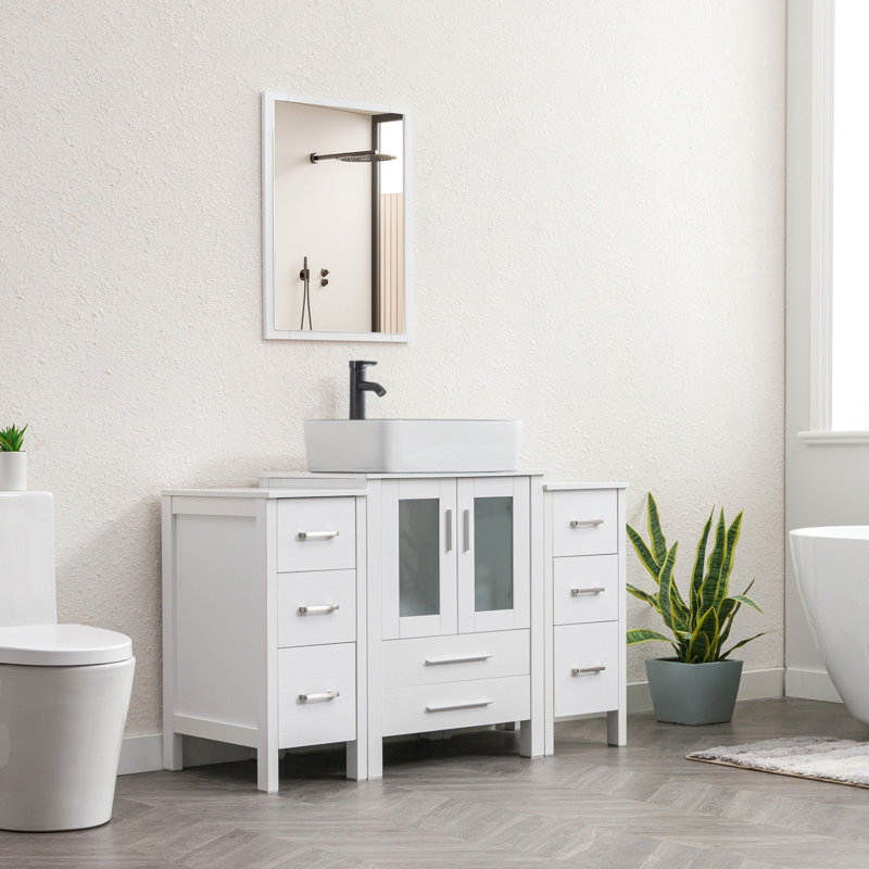 Ensemble de meuble-lavabo simple 48 po avec lavabo en céramique Sharee, robinet économiseur d'eau Sharee, Blanc