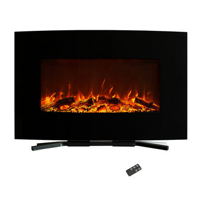 Orren Ellis 36-Inch Wall Mounted Electric Fireplace - Curved Glass Heater with Removable Stand, Adjustable Heat, and 10 Flame Colors