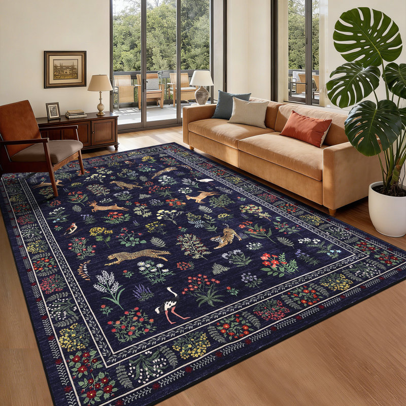 Tapis floral lavable pour animaux 6 x 9 de style campagnard antidérapant pour le salon, tapis à poils courts qui ne perd pas ses poils, tapis intérieur pliable et doux pour la chambre à coucher, la salle de jeux et la chambre de bébé, bleu