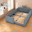 Charmant lit tapissier bleu ciel avec rangement, finition bouclée, design ludique