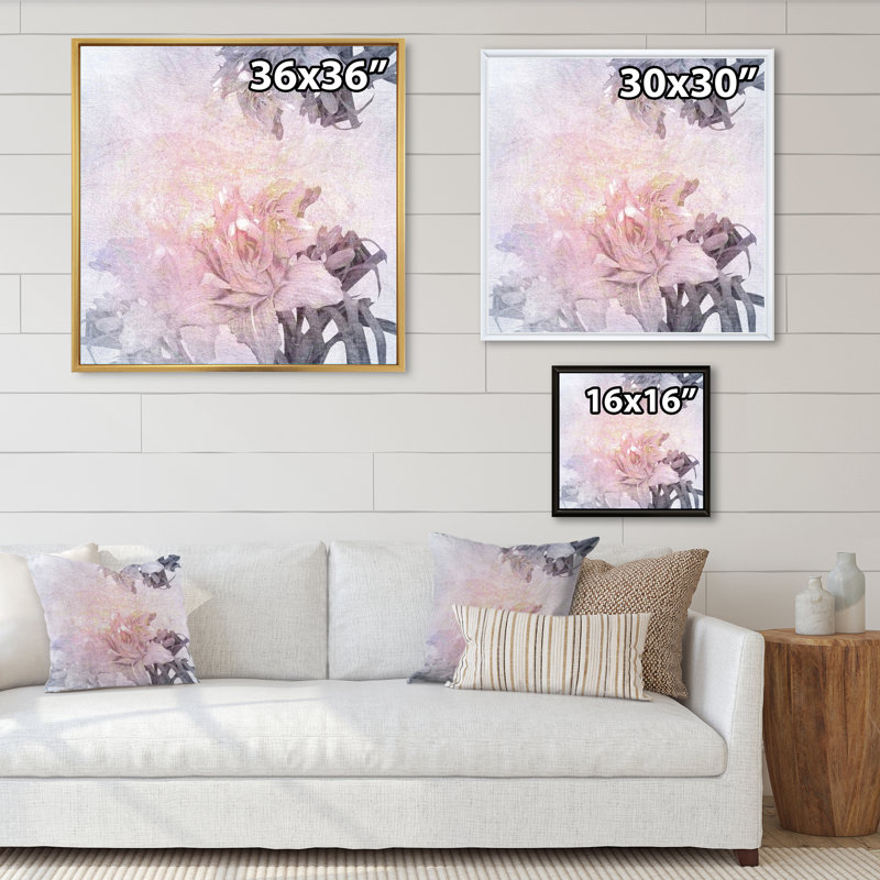 Fleurs roses rétro - peinture, H 16 po x l 16 po x P 1 po, Cadre flottant blanc