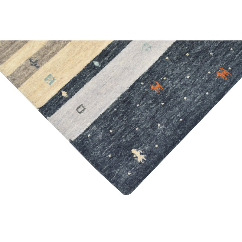 Hand Knotted Wool Area Rug in Black/Beige/Gray/Blue, Rectangle 4' x 6'